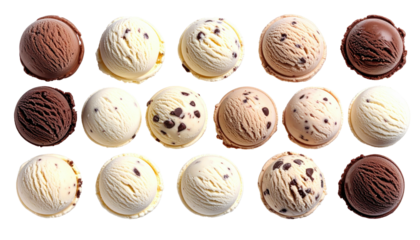 Assorted ice cream scoops in rows against a stark black backdrop