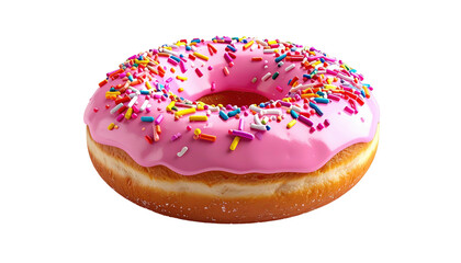 Pink frosted donut covered in sprinkles against a black backdrop