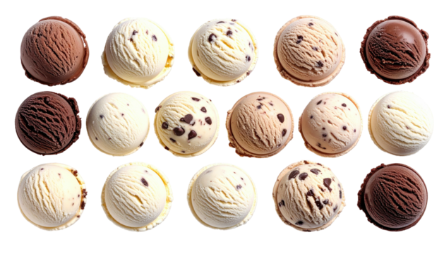 Assorted ice cream scoops in rows against a stark black backdrop