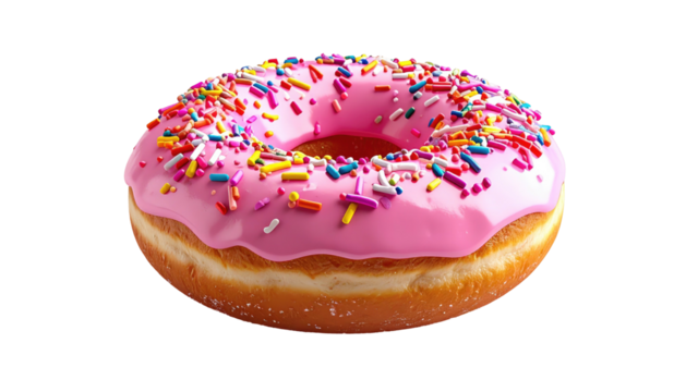 Pink frosted donut covered in sprinkles against a black backdrop