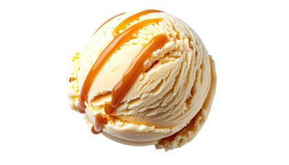 Ice cream scoop with caramel sauce, black background