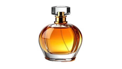 Round perfume bottle with gold accent and clear crystal stopper
