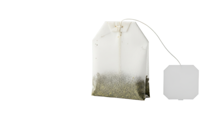 A single tea bag with a white paper tag on a white background 1.