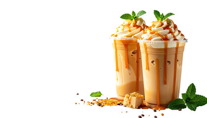 Iced coffees with caramel and cream, mint garnish