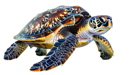 Sea turtle with mottled shell, isolated on black background