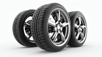 Obraz premium Three black tires with shiny silver rims sit on a white background