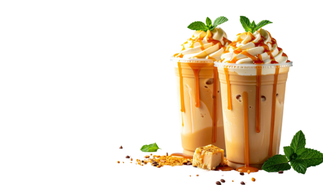 Iced coffees with caramel and cream, mint garnish