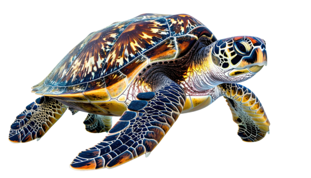 Sea turtle with mottled shell, isolated on black background