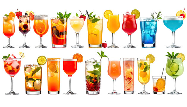 Variety of colorful cocktails in glassware lined against black