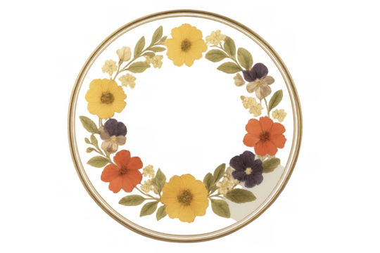 Floral wreath decorating an embroidery hoop, bringing nature, craft, and seasonal colors. Transparent background