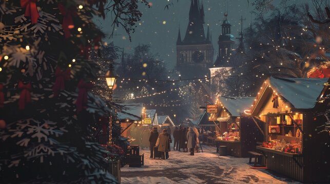 Magical christmas market at night, snow falling gently on the charming wooden stalls and happy people strolling around