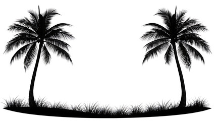 Fototapeta premium Silhouette of two tall palm trees with lush grass against a clean white background
