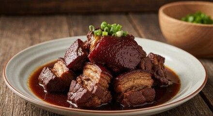 Braised pork belly in rich, dark sauce, garnished with green onions