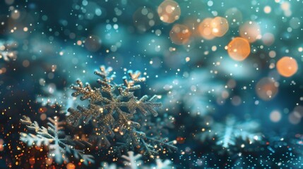 Glittery snowflake with bokeh lights in teal and gold