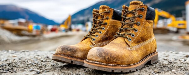 Close-up of steel-toe boots on active job site concept. A pair of sturdy work boots on a construction site in nature.