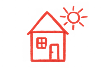 Child's red crayon drawing of a house with a sun, symbolizing home, family, childhood, and simple design, transparent background