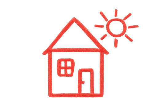 Child's red crayon drawing of a house with a sun, symbolizing home, family, childhood, and simple design, transparent background - Powered by Adobe