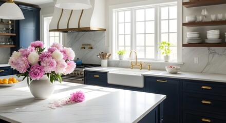 Elegant Blue and White Kitchen with Marble Island, Farmhouse Style Kitchen with Navy Cabinets and Gold Accents, Luxury Kitchen with Peonies and Brass Faucet