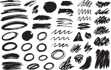  Grungy Graphic Elements Vector Set – Street Art Texture, Hand Drawn Underlines, Strikethrough, Scribble Emphasis, Hatches, Ovals, Crosses, Isolated on Transparent Background, Vector Illustration.