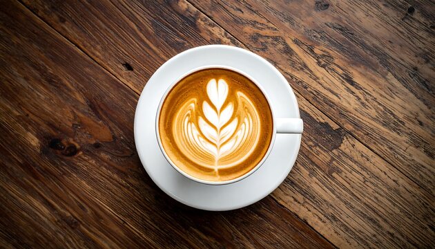 Overhead shot reveals a meticulously crafted latte art design within a white ceramic cup resting on a matching saucer set atop a wood-grain surface