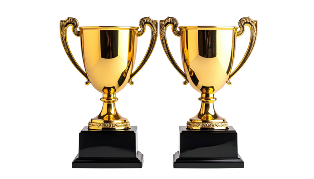Two shiny gold trophies sit on black bases, facing front