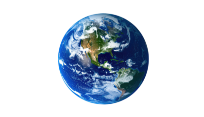 Earth view with clouds, continents, and ocean on a black background