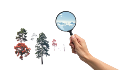 Hand holds a magnifying glass to sky; trees below, dark background