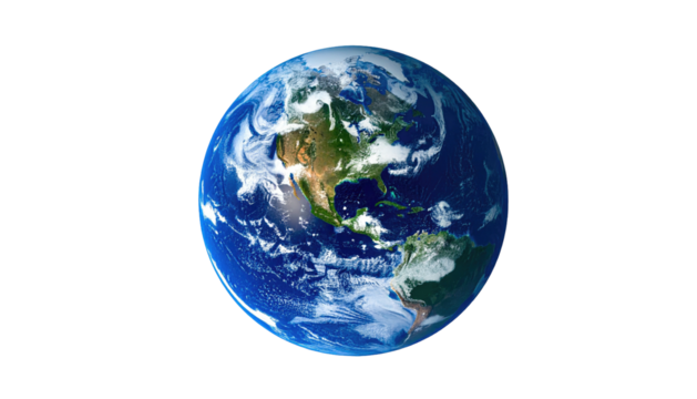 Earth view with clouds, continents, and ocean on a black background