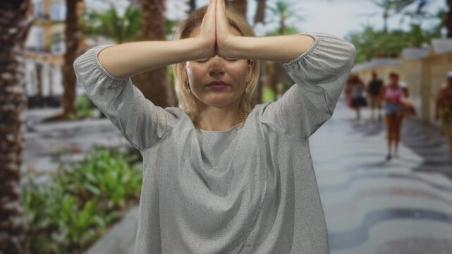 Blonde woman raises hands in prayer with closed eyes on city street lined with palm trees and blurred passersby; serenity.