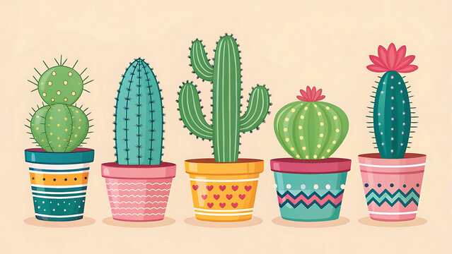 A collection of diverse potted cacti plants in colorful decorative pots against a light background