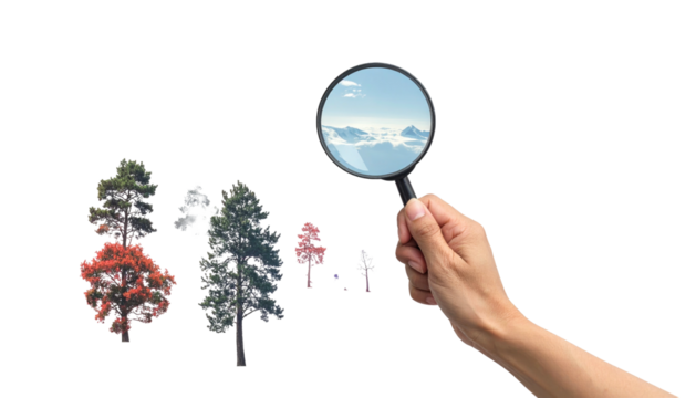 Hand holds a magnifying glass to sky; trees below, dark background - Powered by Adobe