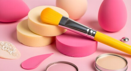 Close-up of Makeup Tools and Powder on Pink, Cosmetic Sponges, Brush, and Eyeshadow on Pink Background, Brightly Colored Beauty Products Display