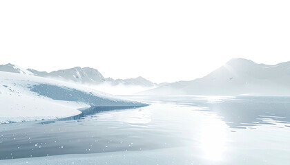 Frozen lake reflects snowy mountains beneath a dark, empty sky