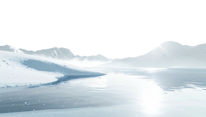 Frozen lake reflects snowy mountains beneath a dark, empty sky