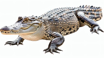 Naklejka premium Young alligator basking in the sun, isolated on white background
