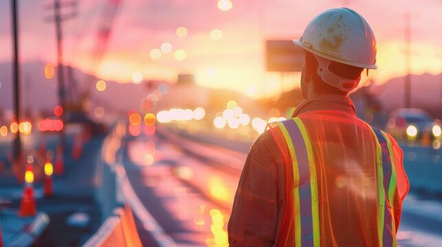 Construction worker standing on a highway at sunset
