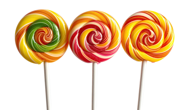 Three colorful swirl lollipops against a stark black background