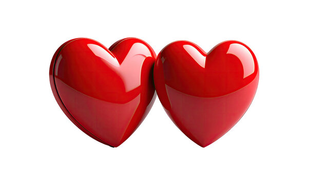 Two glossy red hearts touching, isolated on a black background