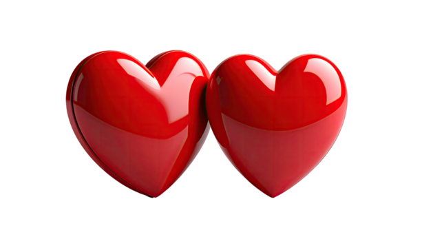 Two glossy red hearts touching, isolated on a black background