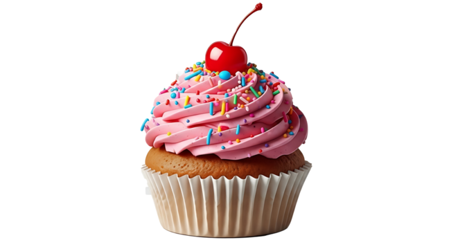 Pink frosted cupcake with cherry and rainbow sprinkles frosting