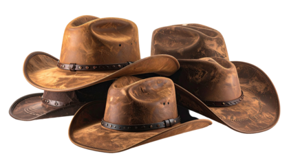 Grouping of weathered, brown leather cowboy hats, varied styles