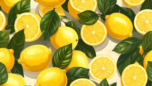 Vibrant illustration of whole and sliced lemons with lush green leaves, arranged in a repeating pattern
