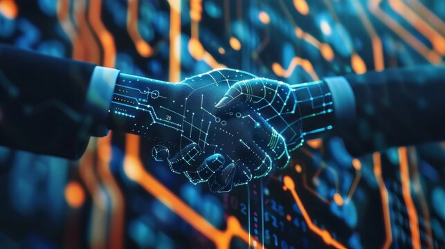 Digital handshake: futuristic robotic hands connect in a network of glowing blue and orange lines