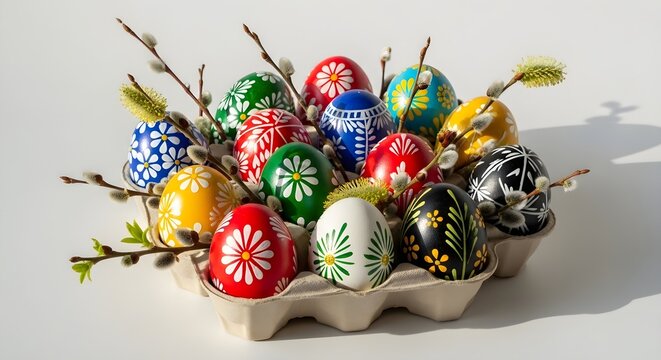 Brightly Coloured Traditional Easter Eggs in Carton, Vivid Hand-Painted Pysanky Eggs, Folk Art Easter Egg Display - Powered by Adobe