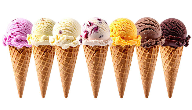 Row of colorful ice cream cones isolated on black background