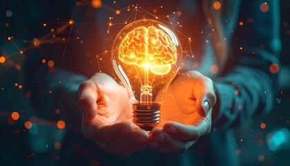 Strategy and Business Planning Concept with Glowing Light Bulb and Futuristic Graphic Icons Representing Investment and Business Growth