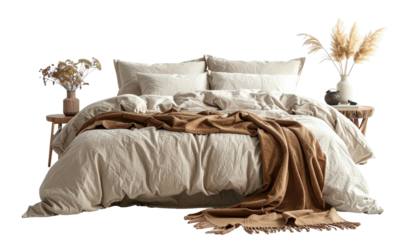 Neutral toned bed with throw, bedside tables and pampas grass