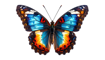 Blue, orange, and brown winged butterfly centered on black ground