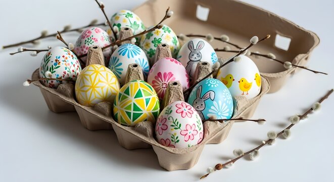 Dozen Decorated Easter Eggs in Carton, Bright Pysanky Style Eggs with Willows, Colourful Easter Holiday Egg Display