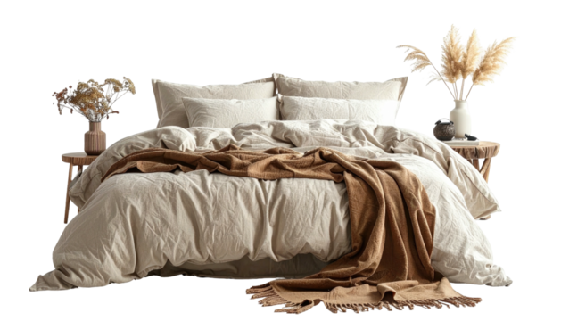 Neutral toned bed with throw, bedside tables and pampas grass